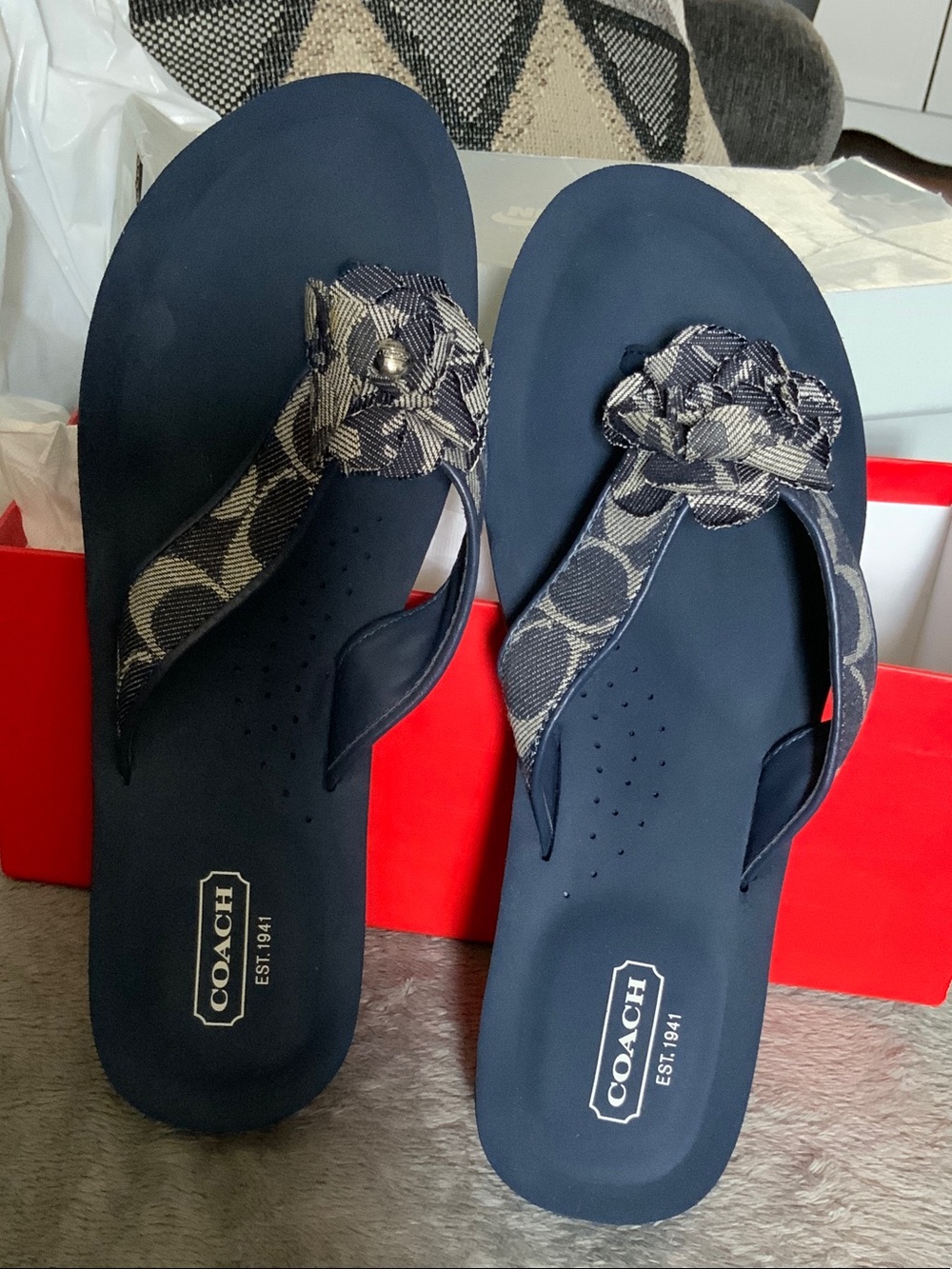 Coach Navy  Flower Flip Flops